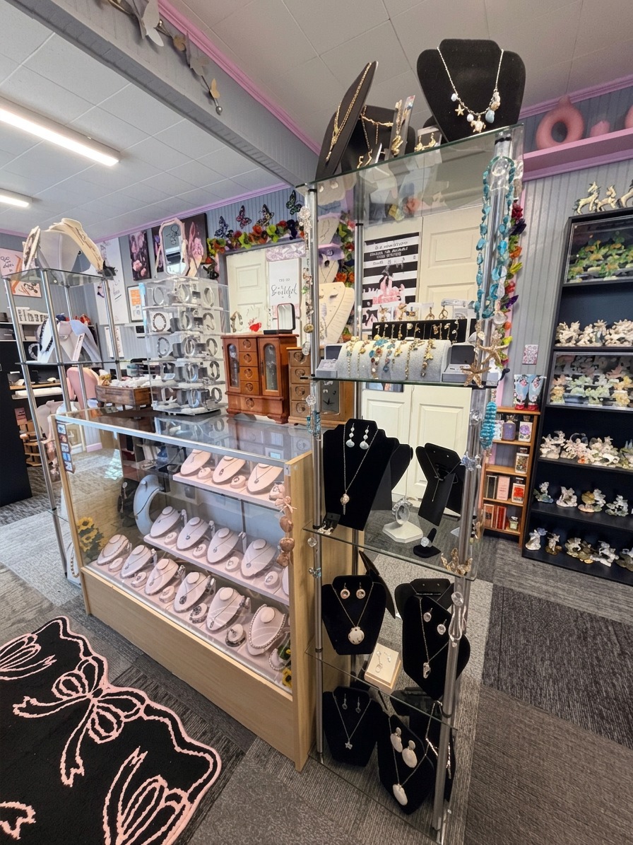 Earrings, shoes and jewelry showcase