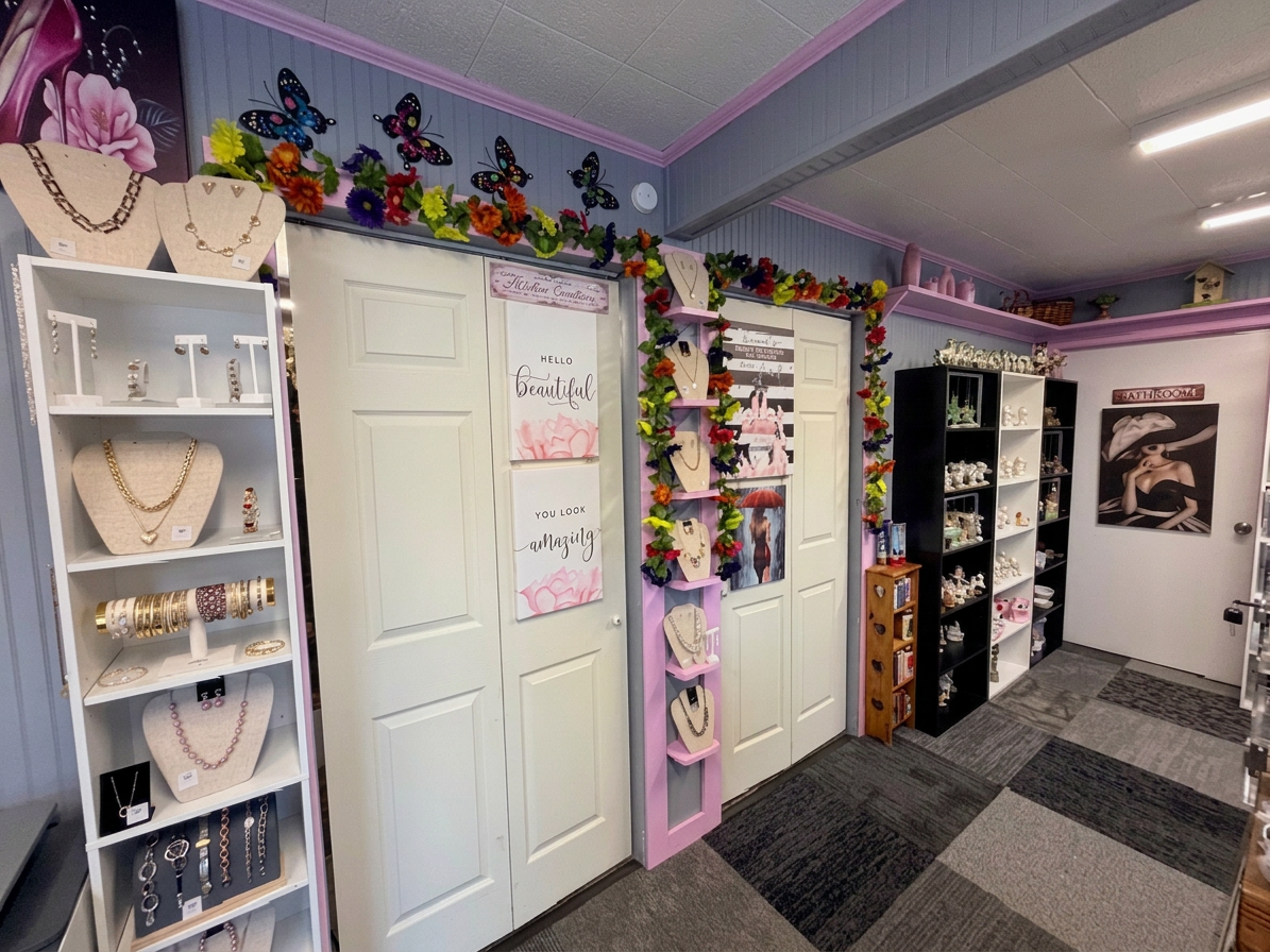 Entry display with bracelets and signs