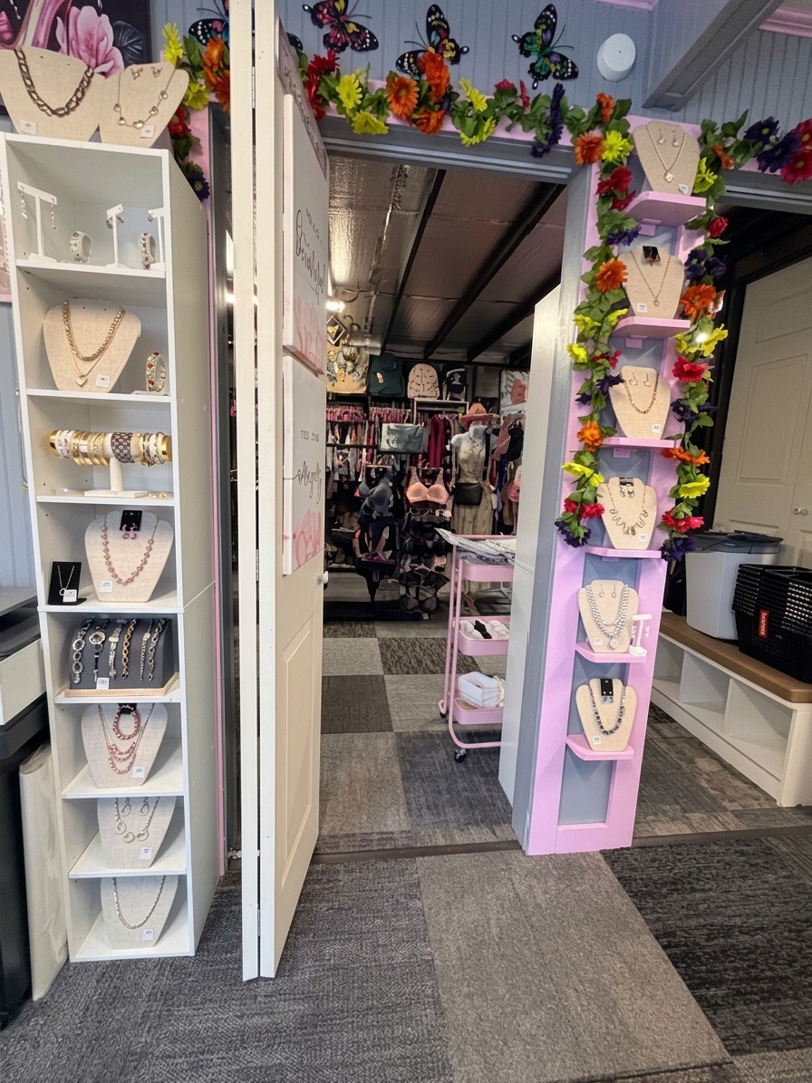 Pink ladder display with jewelry busts