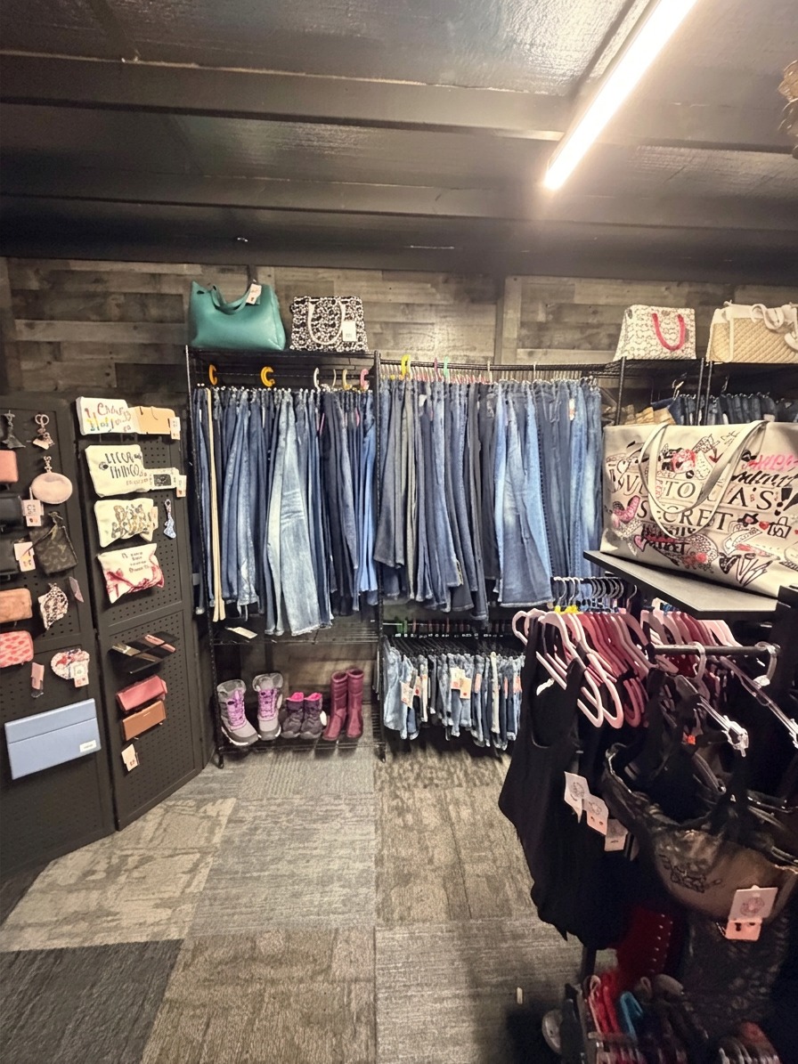 Denim, handbags and wall accessories