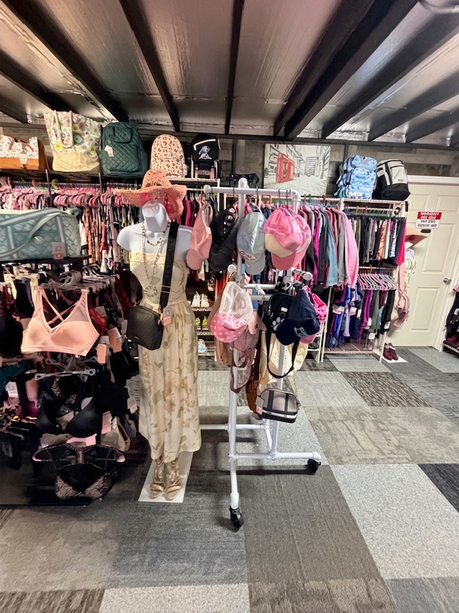 Mannequin styled with hat and crossbody bag