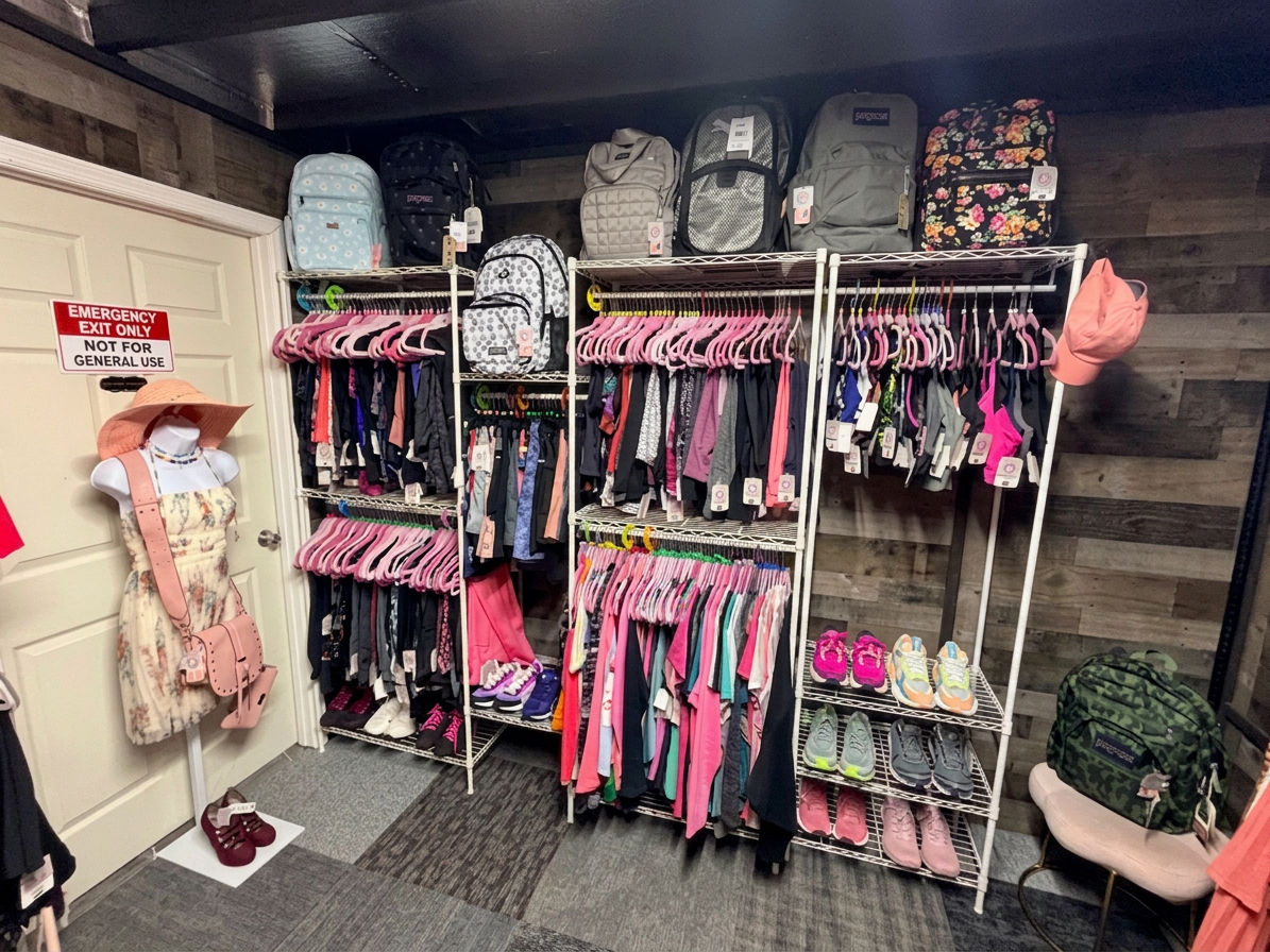 Clothing racks with backpacks and shoes