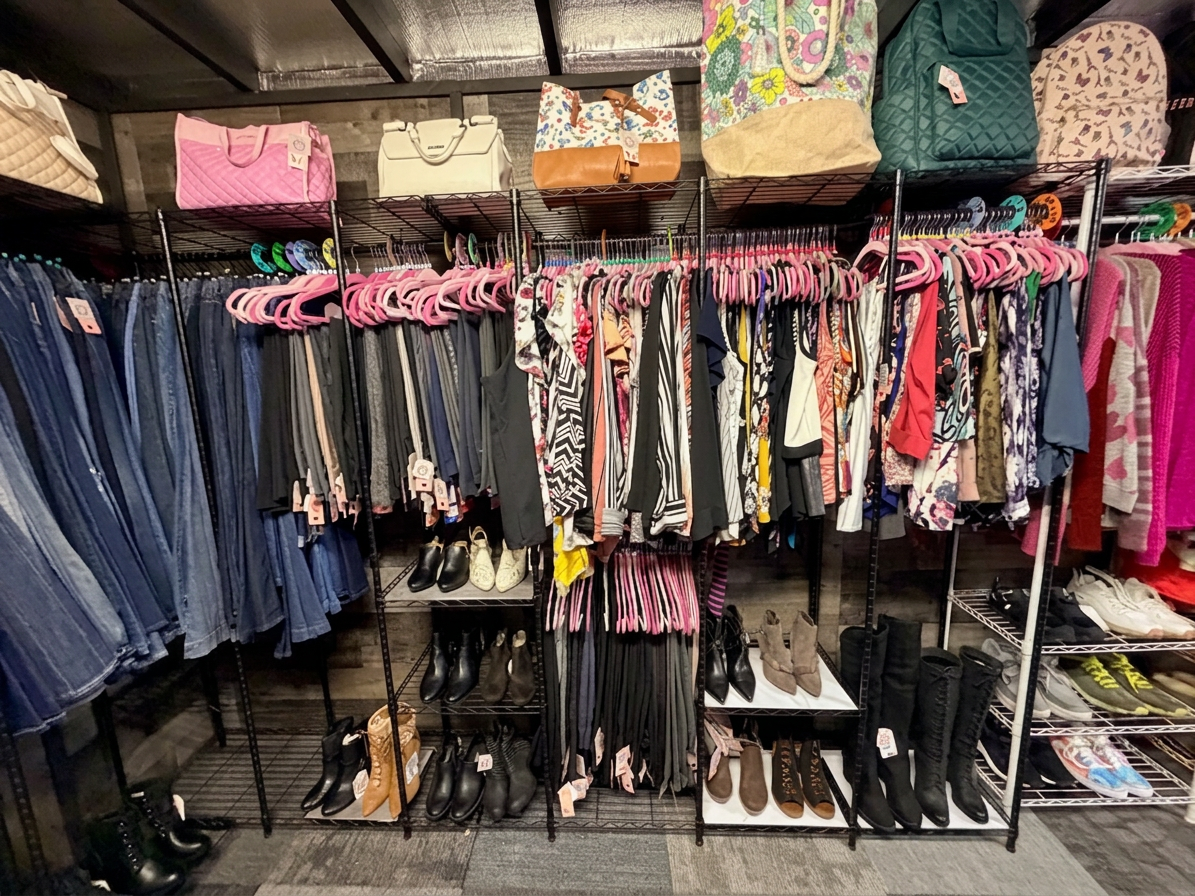 Tops, sweaters and boots on display