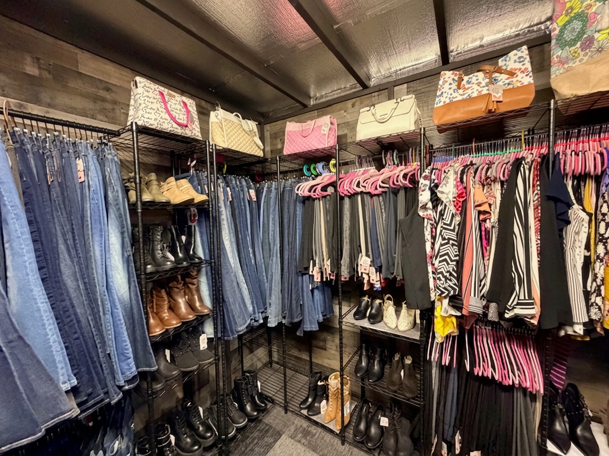 Denim wall with handbags above