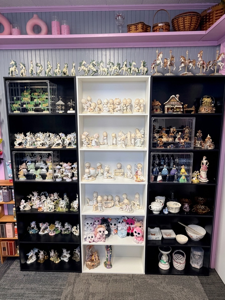 Curated shelves of figurines and collectibles