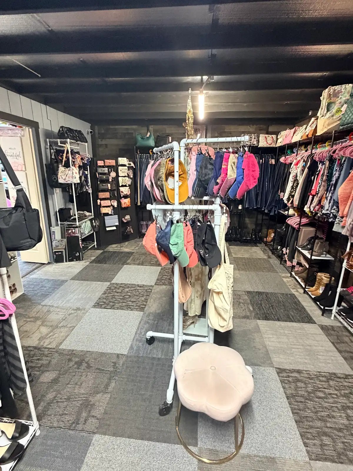 Clothing racks and handbags